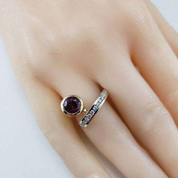 14K Two Tone Gold Garnet & Diamond Bypass Ring Size 6.5 #19748 - Picture 8 of 9